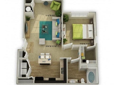 Floor plan for 1 bed, 1 bath, 726 sqft